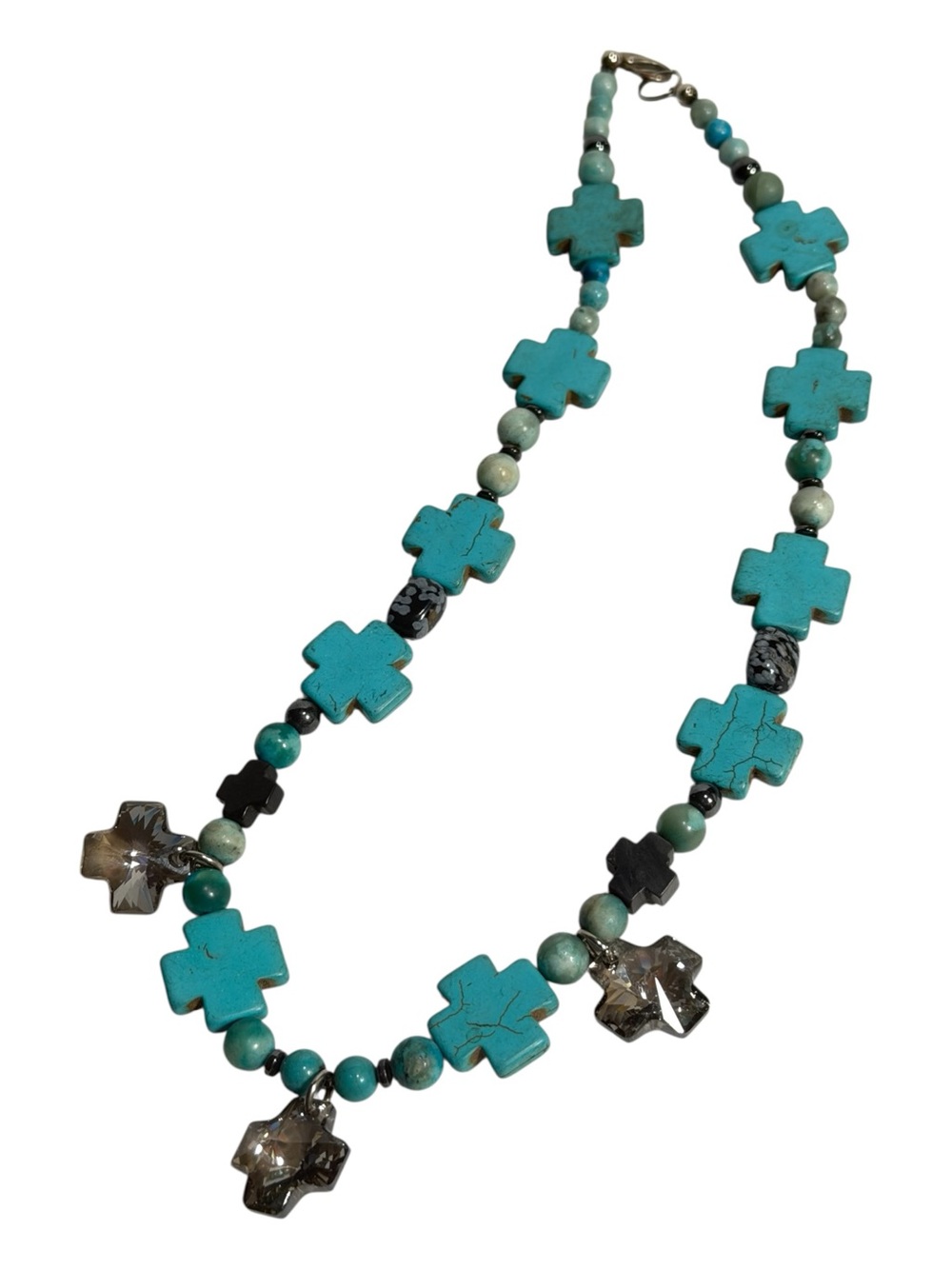 Turquoise & Smoky Glass Chunky Cross Bead Pendant Necklace Boho Southwest